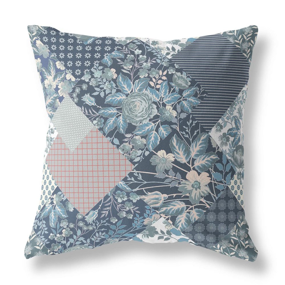 HomeRoots Indigo Blue Pink Broadcloth Blue White Boho Floral Indoor Outdoor Throw Pillow