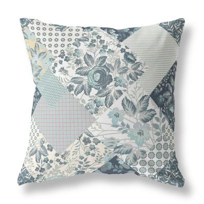 HomeRoots Indigo Cream Broadcloth Teal White Boho Floral Indoor Outdoor Throw Pillow