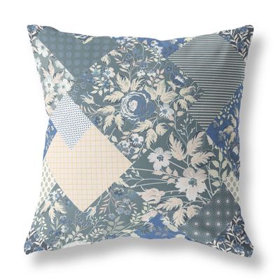 HomeRoots Dark Grey Blue Broadcloth Gray Blue Boho Floral Indoor Outdoor Throw Pillow