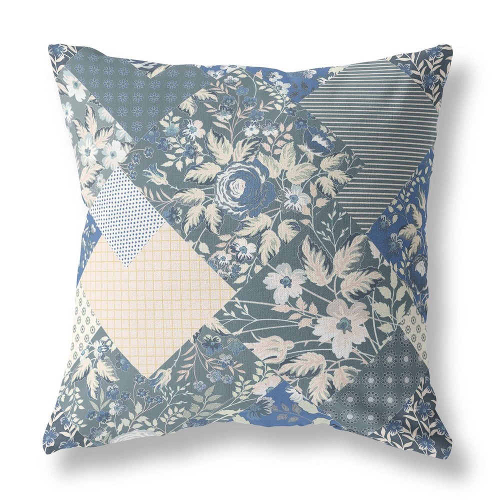 HomeRoots Dark Grey Blue Broadcloth Gray Blue Boho Floral Indoor Outdoor Throw Pillow