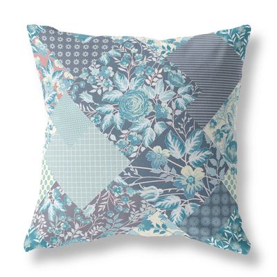 HomeRoots Broadcloth Aqua Navy Boho Floral Indoor Outdoor Throw Pillow