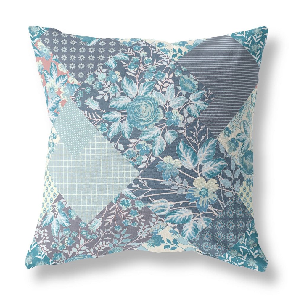 HomeRoots Broadcloth Aqua Navy Boho Floral Indoor Outdoor Throw Pillow