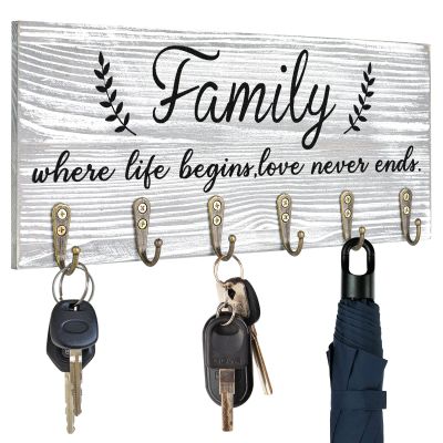 AHYS Key Holder Wall Mount Family Wall Decor Wooden Key Rack Hanger with 6 Hooks for Farmhouse Home Entryway Living Room Decor - Light Grey