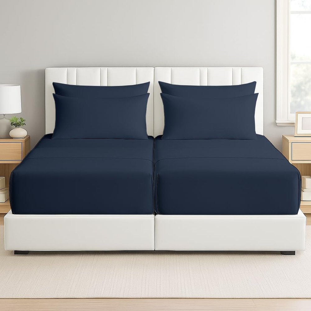 MD Home Decore 7 Piece Split Cal King Sheet Set, 100% Egyptian Cotton, 16 Inch Deep Pockets, Navy Blue Solid, Soft and Durable Sheets for Adjustable Beds, Sleep Number Beds, Split Cal King Sheets