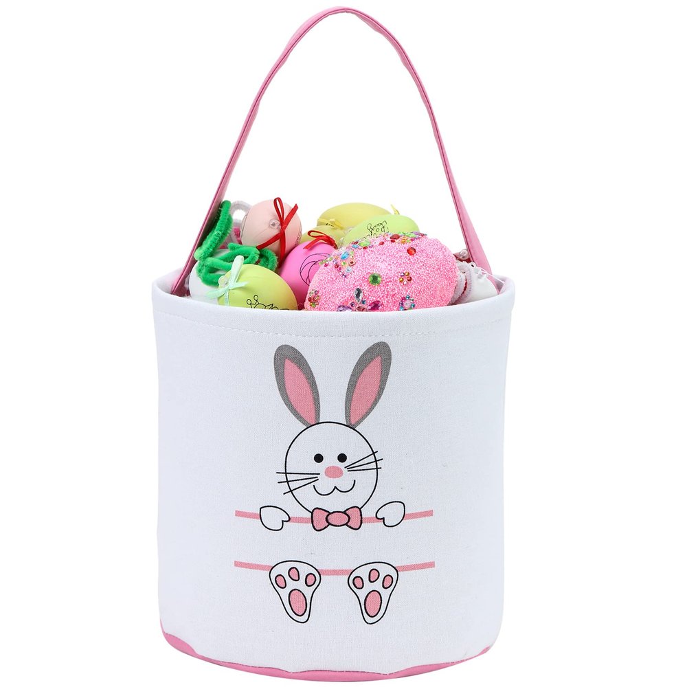 Easter Bunny Basket Bags for Kids Canvas Egg Hunt Basket Bucket Monogrammed Rabbit Egg Gift Bags Polka Dot Portable Easter Tote Bag Party Candy Storage Decoration