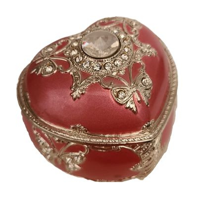 Splendid Pink Jeweled Music Box/Jewelry Box with Sparkling Butterfly Design in Heart Shape with Delicately Placed Austrian Crystal Elements Playing Unforgettable