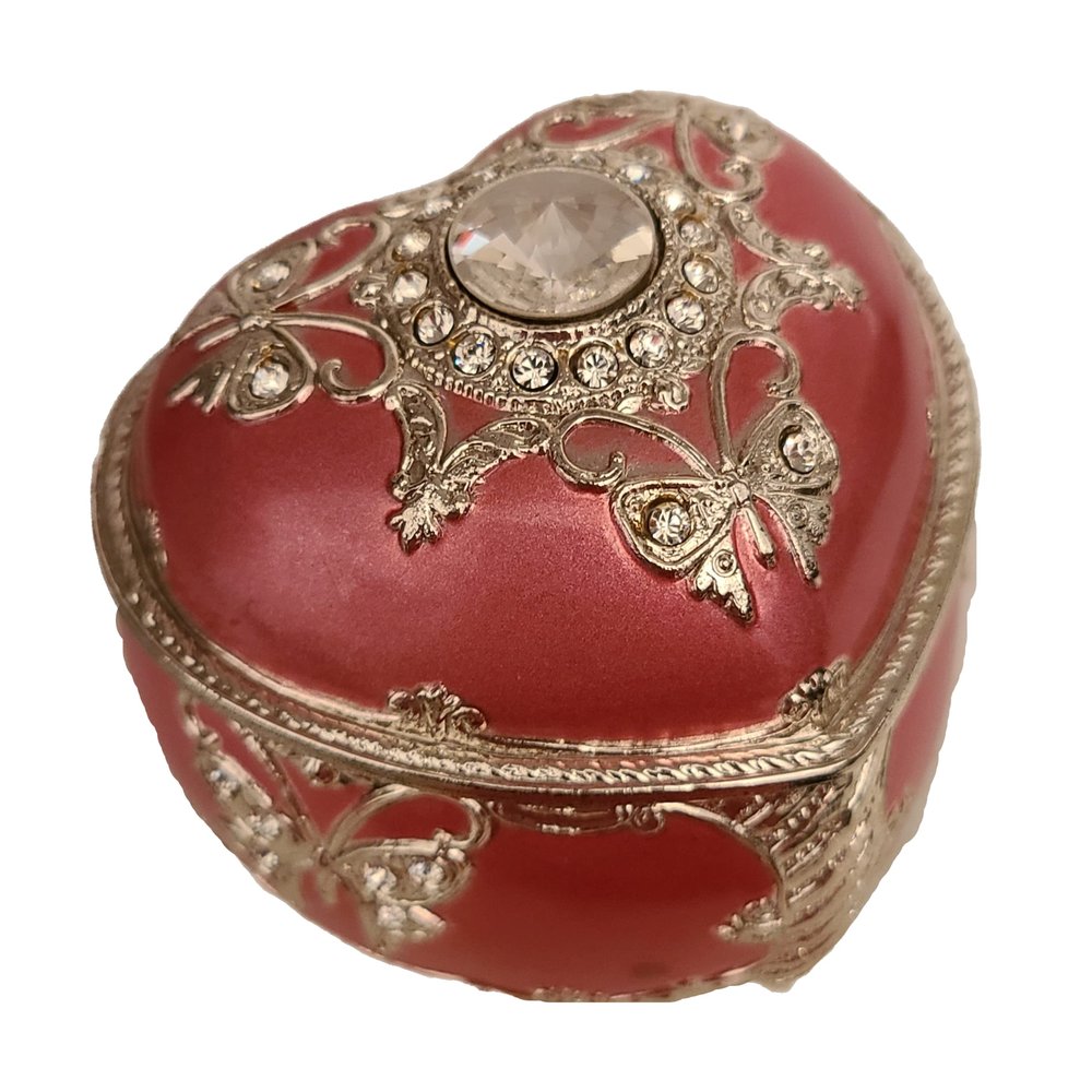 Splendid Pink Jeweled Music Box/Jewelry Box with Sparkling Butterfly Design in Heart Shape with Delicately Placed Austrian Crystal Elements Playing Unforgettable