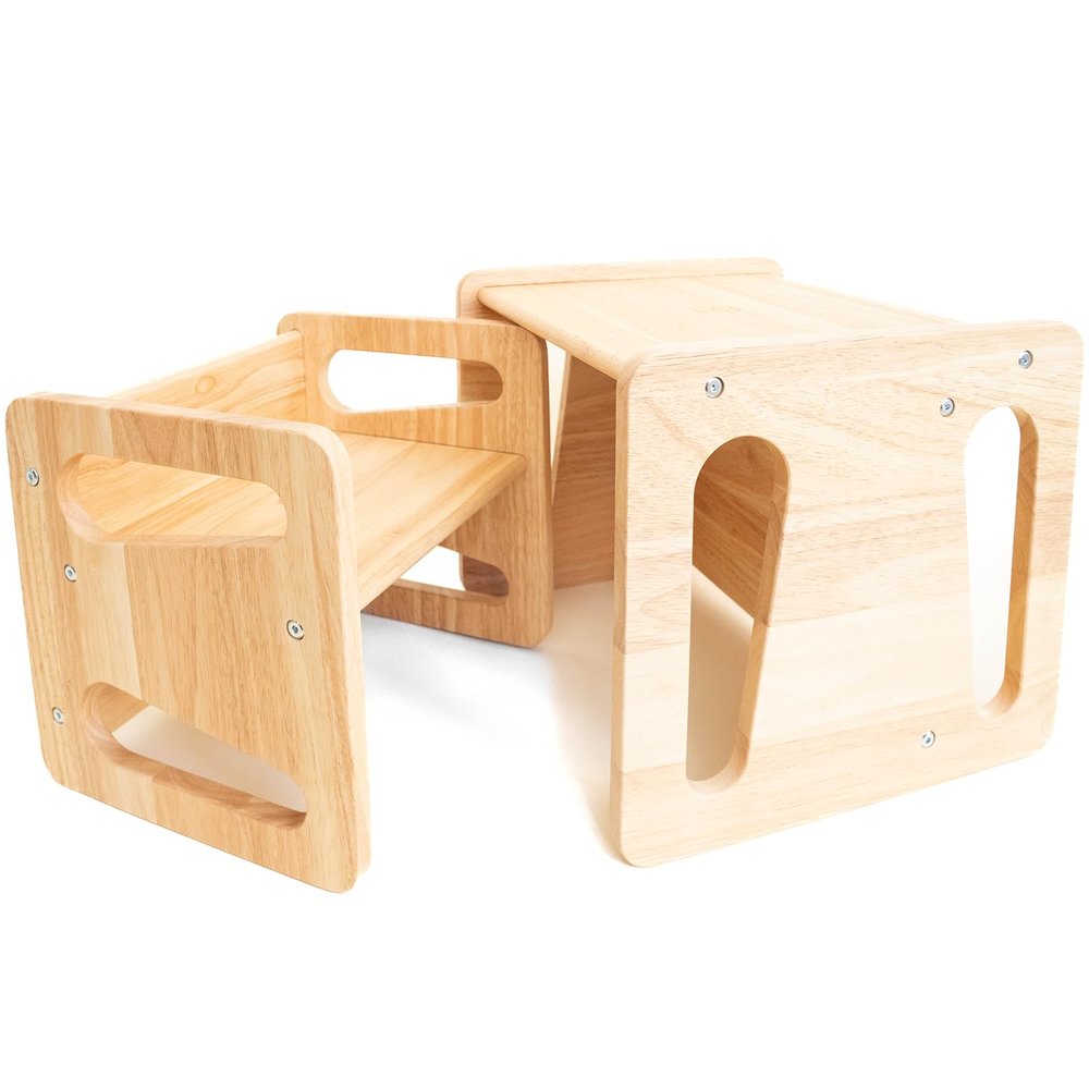 Montessori Weaning Table and Chair Set - Solid Wooded Toddler Table - Cube Chairs for Toddlers - Real Hardwood - Kids Montessori Furniture