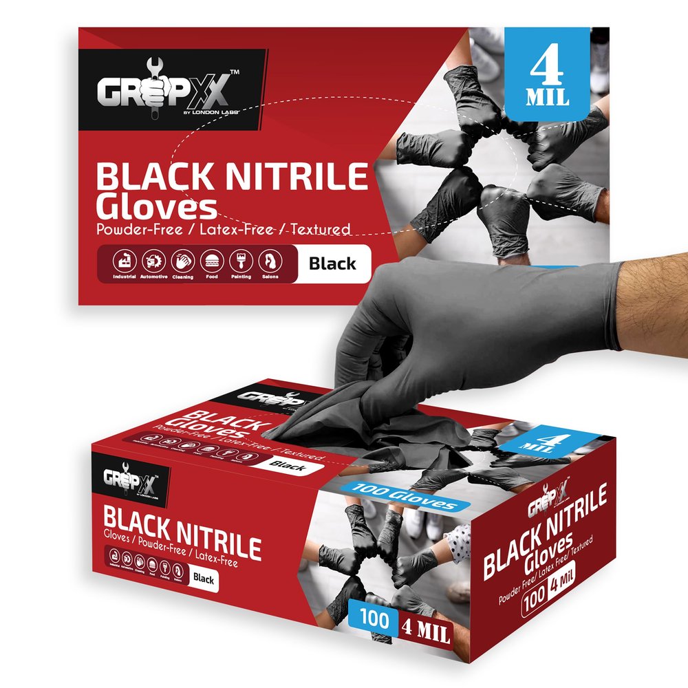London Labs Black Nitrile Gloves Disposable Latex Free & Powder Free,4 Mil Rubber Glove, Cleaning, Cooking, Mechanic, Tattoo (200 Count, X-Large)