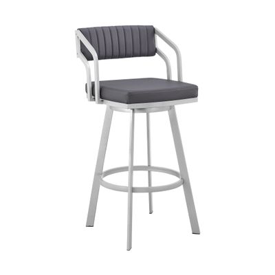 Armen Living Capri Modern 30" Seat Height Gray Faux Leather and Silver Steel Metal Swivel Bar Stool for Kitchen Island Counter