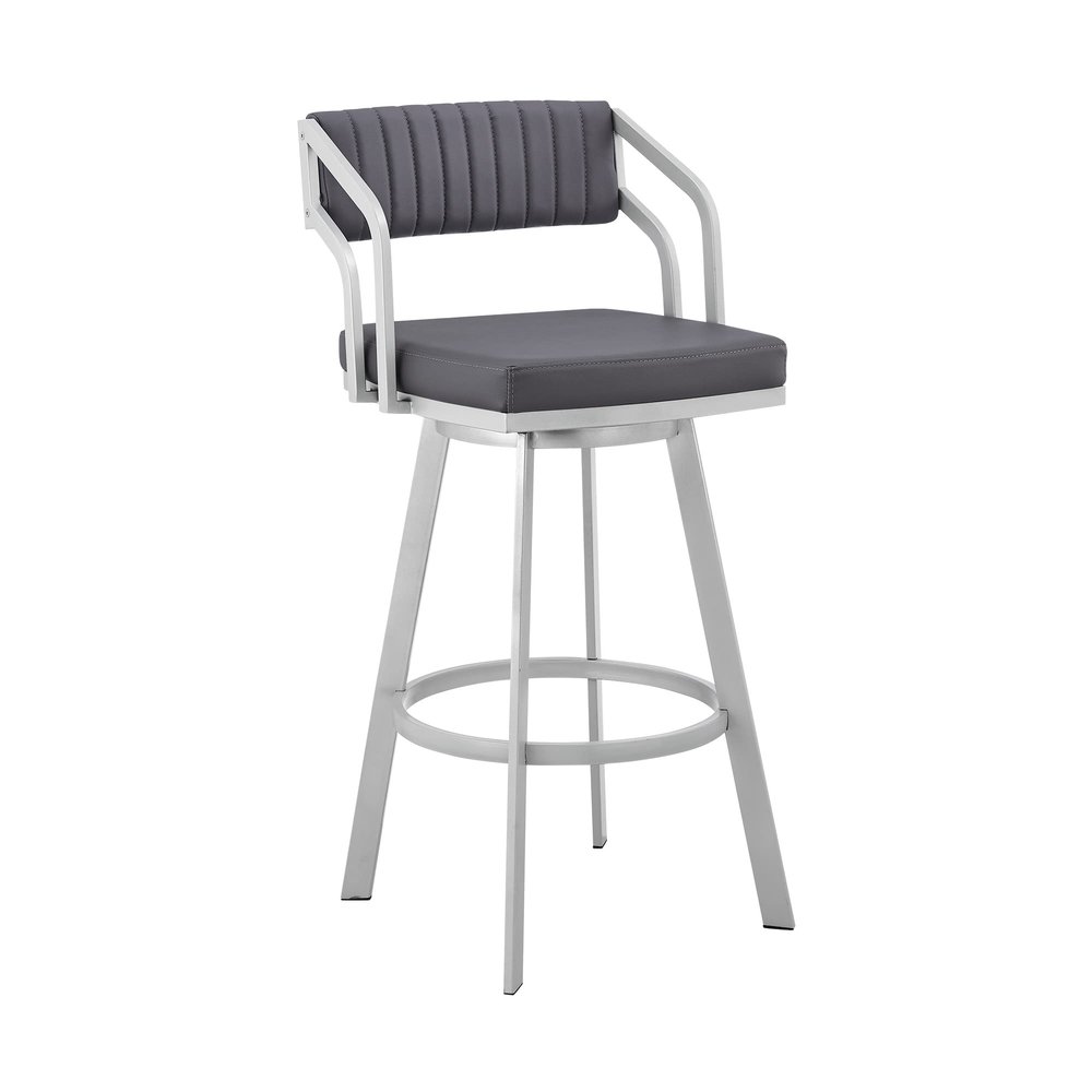 Armen Living Capri Modern 30" Seat Height Gray Faux Leather and Silver Steel Metal Swivel Bar Stool for Kitchen Island Counter