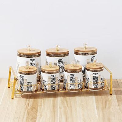 8 Piece Ceramic Canister Jar Set with a Stand and Air tight Bamboo Lids with KNOB. (White W/ Gold Black Pattern), White,Gold