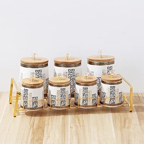 8 Piece Ceramic Canister Jar Set with a Stand and Air tight Bamboo Lids with KNOB. (White W/ Gold Black Pattern), White,Gold