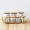 8 Piece Ceramic Canister Jar Set with a Stand and Air tight Bamboo Lids with KNOB. (White W/ Gold Black Pattern), White,Gold view 1