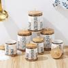 8 Piece Ceramic Canister Jar Set with a Stand and Air tight Bamboo Lids with KNOB. (White W/ Gold Black Pattern), White,Gold view 3