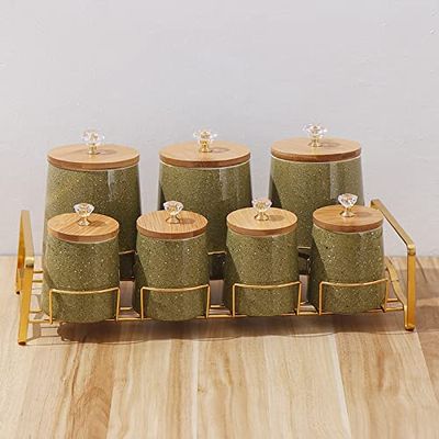 8 Piece Ceramic Canister Jar Set with a Stand and Air tight Bamboo Lids with KNOB. (Plain Olive Green)