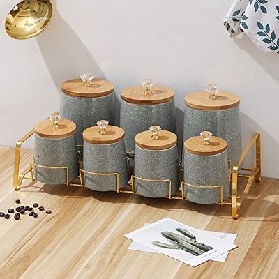 8 Piece Ceramic Canister Jar Set with a Stand and Air tight Bamboo Lids with KNOB. (Plain Grey)