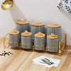 8 Piece Ceramic Canister Jar Set with a Stand and Air tight Bamboo Lids with KNOB. (Plain Grey) view 1