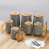 8 Piece Ceramic Canister Jar Set with a Stand and Air tight Bamboo Lids with KNOB. (Plain Grey) view 4