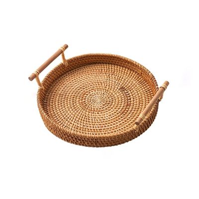 Food Platter Serving Tray And Platter, Round Wooden Rattan Braid With Handle On Serving Plate Snack Tray, Breakfast Tray, Stylish Farmhouse Decor Serving Platters Kitchen Tray (Color : C)