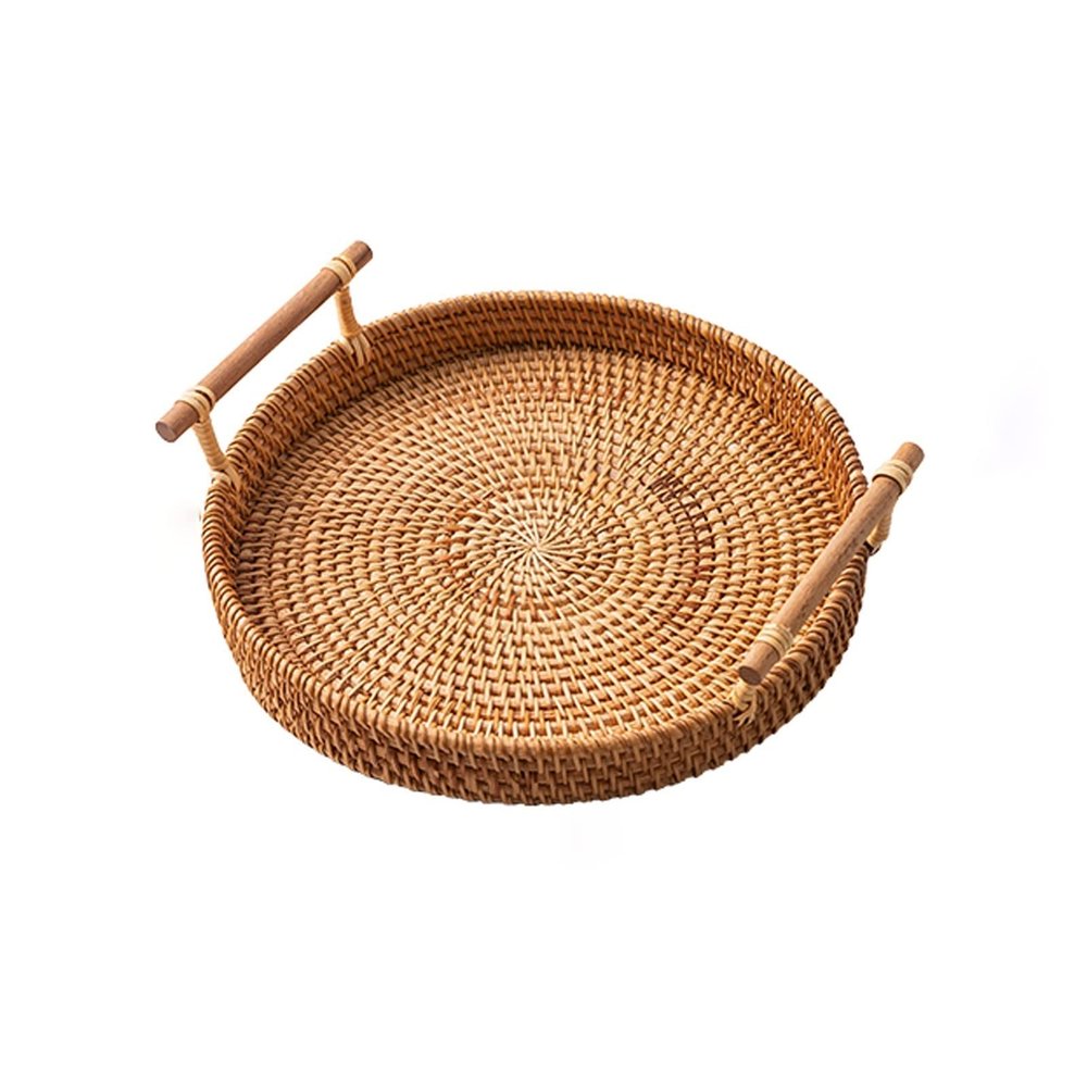 Food Platter Serving Tray And Platter, Round Wooden Rattan Braid With Handle On Serving Plate Snack Tray, Breakfast Tray, Stylish Farmhouse Decor Serving Platters Kitchen Tray (Color : C)