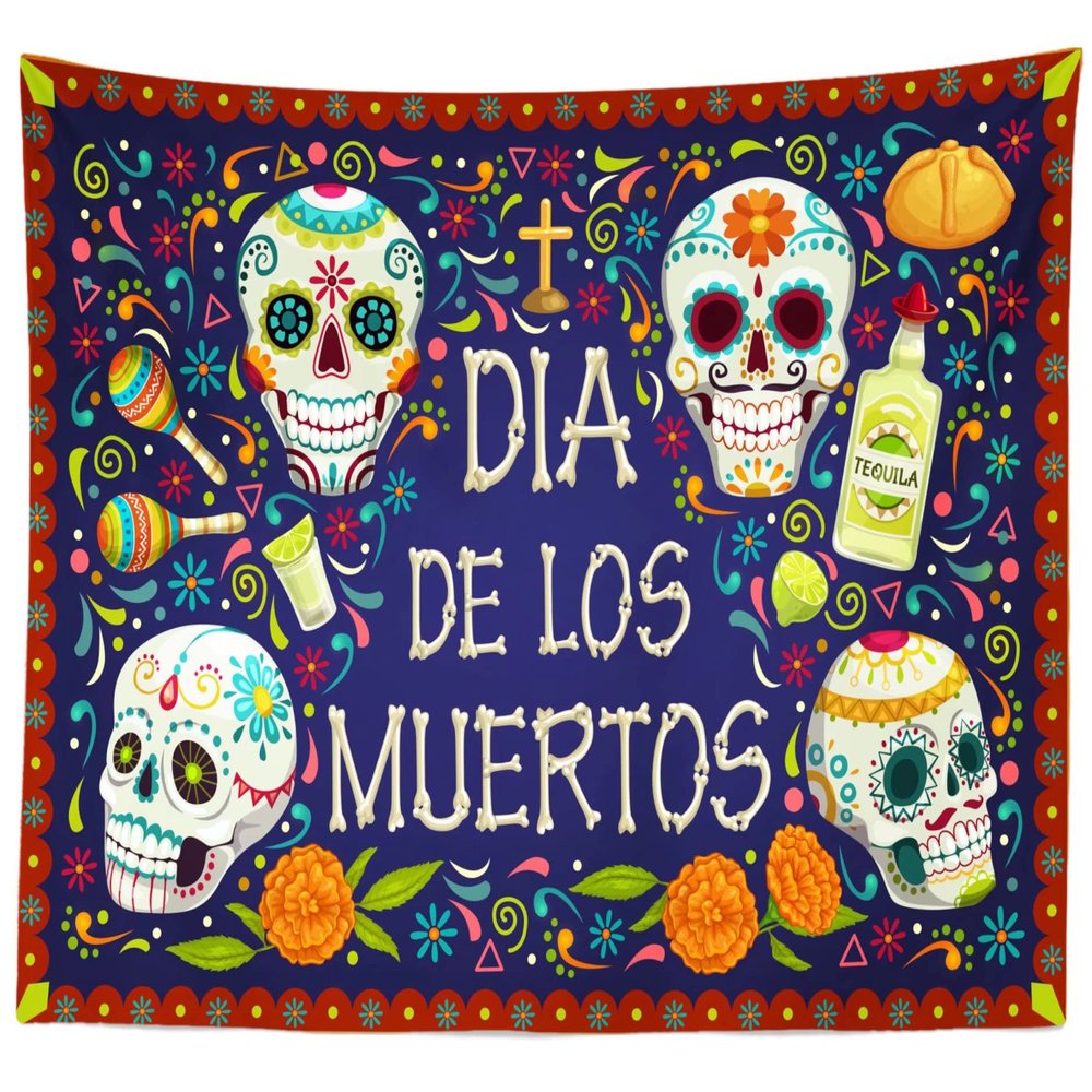 CORFOTO Tapiz Dia DE Los Muertos Day Of The Dead Tapestry Wall Hanging Mezcal Sugar Skull Marigold Wall Decorations for Men Boys Bedroom Living Room Dorm Home Decor Fabric 80Wx60H
