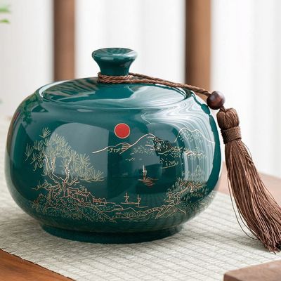 13.8cm Chinese Tea Caddy Landscape Pattern Ceramic Storage Jar Sealed Cans Tea Set