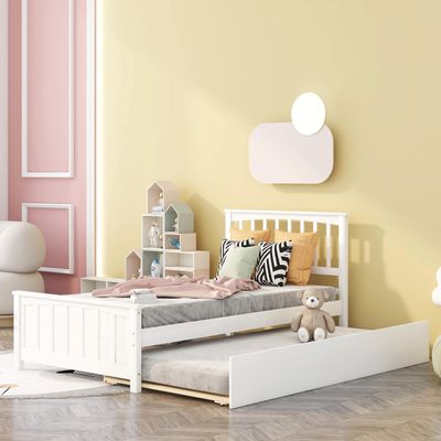 MERITLINE Twin Bed with Trundle, Platform Bed Trundle Twin Bed with Headboard and Footboard for Girls Boys, No Need Box Spring, (White)