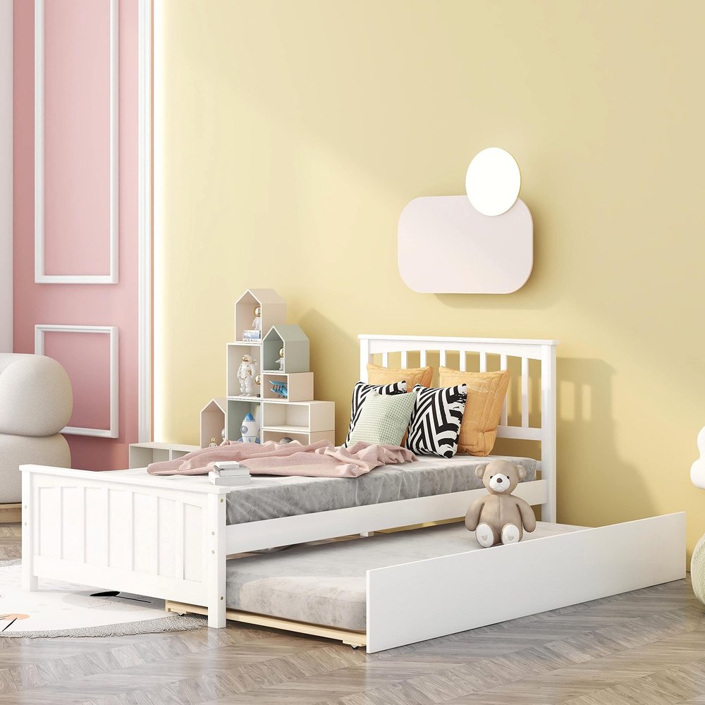 MERITLINE Twin Bed with Trundle, Platform Bed Trundle Twin Bed with Headboard and Footboard for Girls Boys, No Need Box Spring, (White)