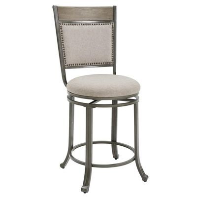 Pemberly Row 24" Traditional Metal & Fabric Swivel Counter Stool in Pewter/Beige