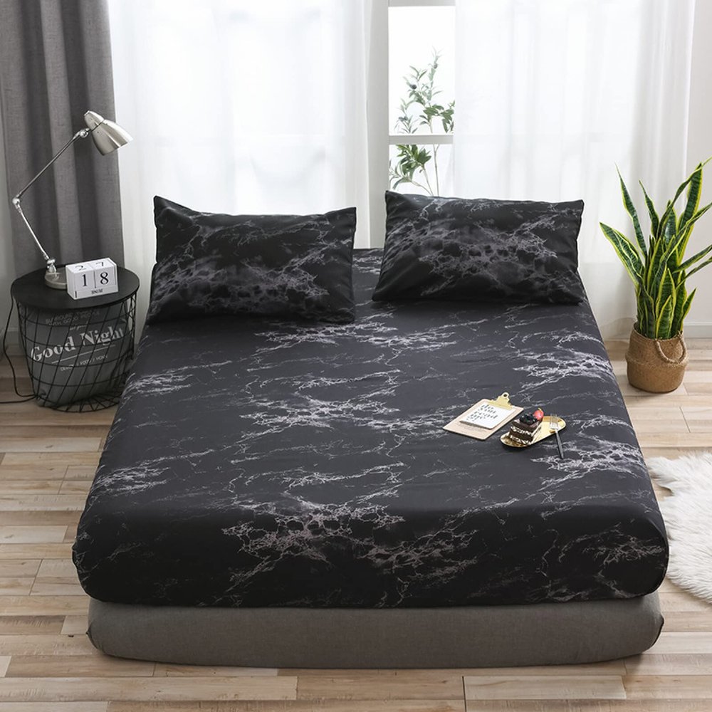 CFYCYHDZHT Bed Sheet Set Queen Size,Soft Lightweight Microfiber Marble Mattress Protector, Suitable for Twin, Full, Queen, King Printing Bed Protector,Black,California King 180 * 200cm*35cm
