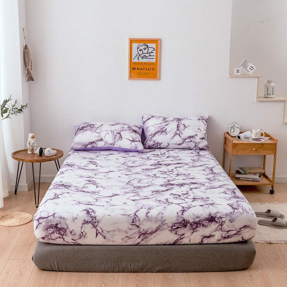 CFYCYHDZHT Bed Cover Room,Soft Lightweight Microfiber Marble Mattress Protector, Suitable for Twin, Full, Queen, King Printing Bed Protector,Purple,King 198 * 203cm*35cm
