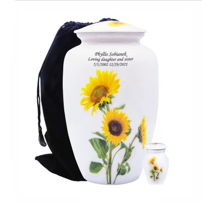 Sunflower Cremation Urn, Large Human Ash Urn with Matching Keepsake, Velvet Bag and Custom Engraving