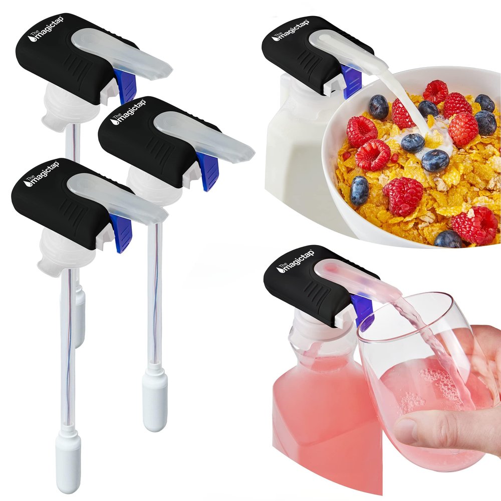 Magic Tap Automatic Drink Dispenser for Fridge, Black (3 Pack), No Spill Milk Dispenser for Fridge, Automatic Milk Dispenser Pump for Gallon Jugs, Water & Juice, Fits Most Bottles, Batteries Required