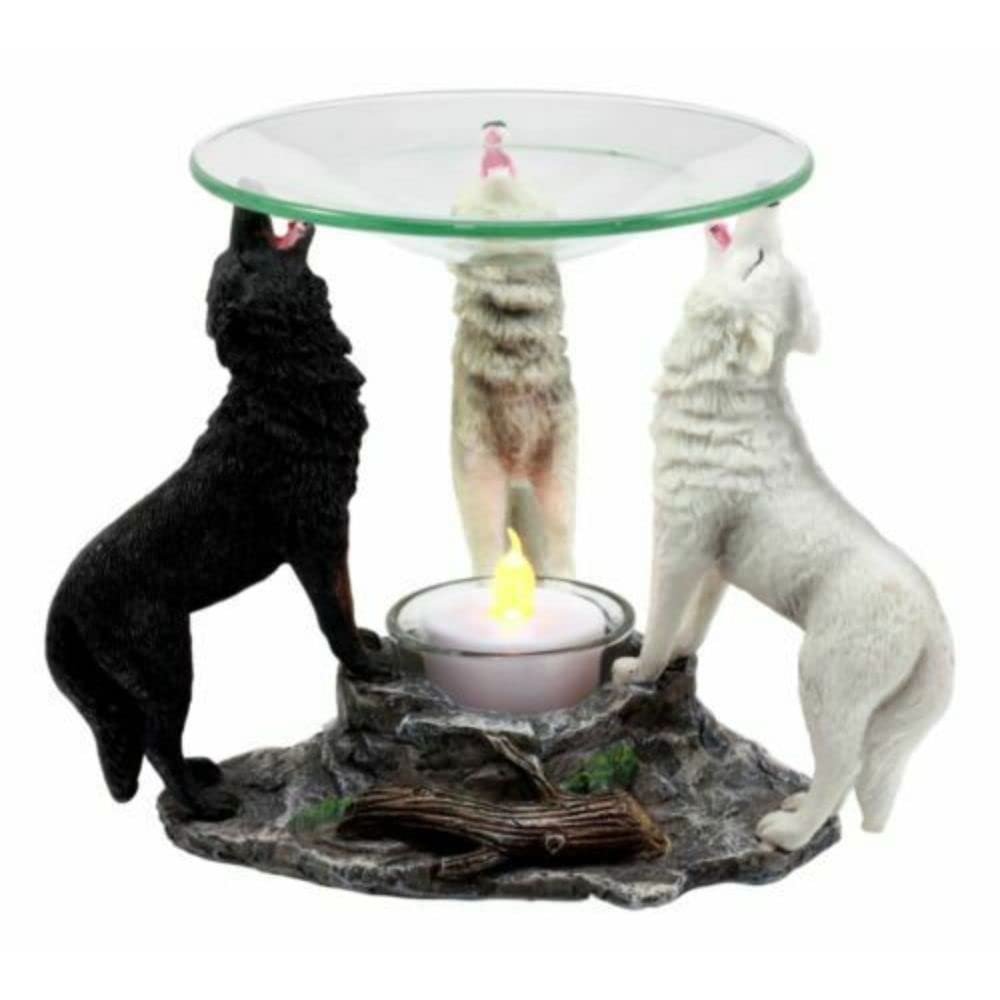 Moonlight Colorful Three Howling Wolves Oil & Wax Tart Burner Figurine