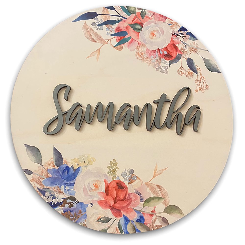 Nursery Name Sign for Girls Wooden Plaque Personalized Wood Round Wall Decor 3D Effect Sign for Kids Room