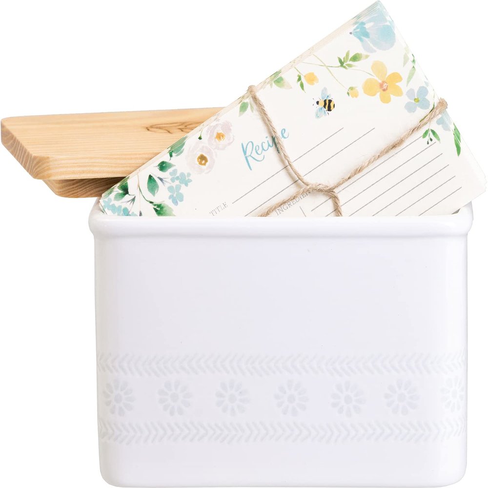Eccolo Floral Ceramic Recipe Box with Natural Wood Cover 4-x-6-inches Includes 50 Recipe Cards 3.25-x-5.25-inches Recipe Box with Cards