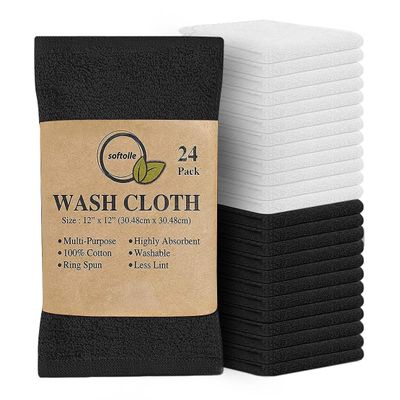 Softolle 100% Cotton Washcloths 24 Pack (12x12 Inches) Soft, Highly Absorbent Washcloth, Face Towels, Wash Cloths for Face, Ring Spun, Bulk Pack (Black/White)