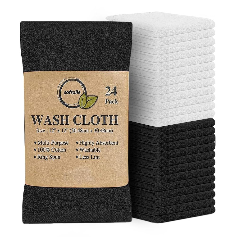 Softolle 100% Cotton Washcloths 24 Pack (12x12 Inches) Soft, Highly Absorbent Washcloth, Face Towels, Wash Cloths for Face, Ring Spun, Bulk Pack (Black/White)