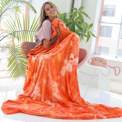 Ailemei Direct Rainbow Tie-Dye Colorful Fuzzy Fleece Blanket - Queen to King Size, Warm & Stylish for Adults, Kids - Orange