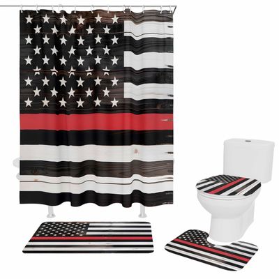 4 PCS Independence Day USA Flag Shower Curtain Set with Bath Rugs,American Red Line Fireman Waterproof Curtains Soft Bathroom Non-Slip Floor Mats Toilet U-Shaped Pad and Toilet Lid Covers Wood Plank