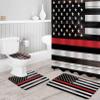 4 PCS Independence Day USA Flag Shower Curtain Set with Bath Rugs,American Red Line Fireman Waterproof Curtains Soft Bathroom Non-Slip Floor Mats Toilet U-Shaped Pad and Toilet Lid Covers Wood Plank view 3