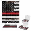 4 PCS Independence Day USA Flag Shower Curtain Set with Bath Rugs,American Red Line Fireman Waterproof Curtains Soft Bathroom Non-Slip Floor Mats Toilet U-Shaped Pad and Toilet Lid Covers Wood Plank view 1