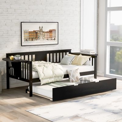 AOCHUANG Solid Wood Twin Size Daybed with Trundle, Daybed with Side Table, Wood Slat Support, No Box Spring Needed, Easy Assembly, Sofa Bed for Bedroom/Guest Room/Living Room (Espresso-dt)