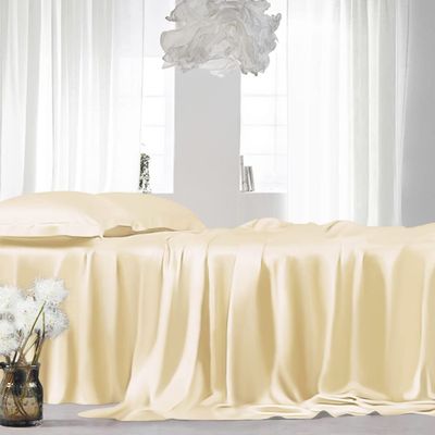 Cal King Silk Sheet Set 7 Piece True Silk Sheets Set- True Silk Duvet Set - Hotel Luxury Bed Sheets - Extra Soft - Deep Pockets - Breathable & Cooling - Wrinkle Free - Comfy-Dark Ivory Bed Sheets