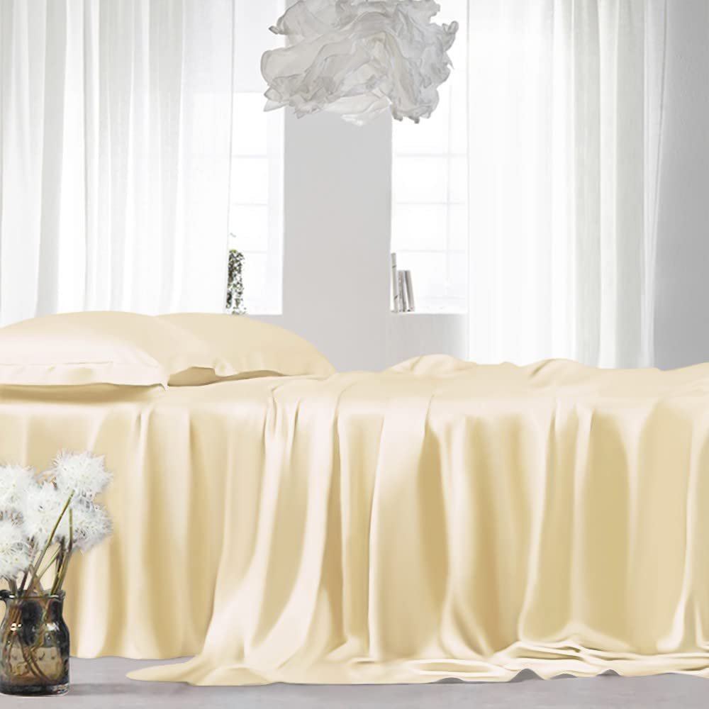 Cal King Silk Sheet Set 7 Piece True Silk Sheets Set- True Silk Duvet Set - Hotel Luxury Bed Sheets - Extra Soft - Deep Pockets - Breathable & Cooling - Wrinkle Free - Comfy-Dark Ivory Bed Sheets