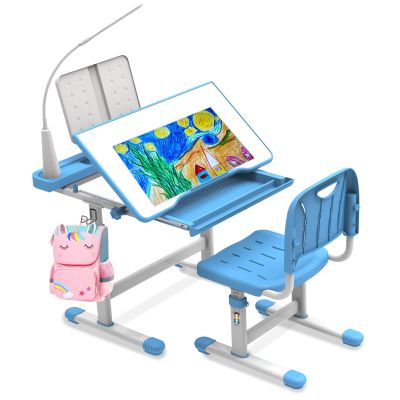 BELANITAS Kids Desk and Chair Set, Height Adjustable Kids School Desk for Kids, 40 Degree Tiltable with 3 Mode Light, Child Desk for Go Back School Gift, Blue