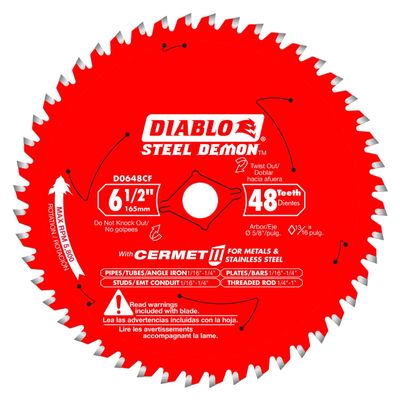 Diablo Steel Demon Cermet II Saw Blade for Metals and Stainless Steel - 6-1/2" Diameter, 48 TCG Teeth, 5/8" Arbor, .061" Kerf, 0 Hook Angle, 5800 Max RPM - D0648CFX