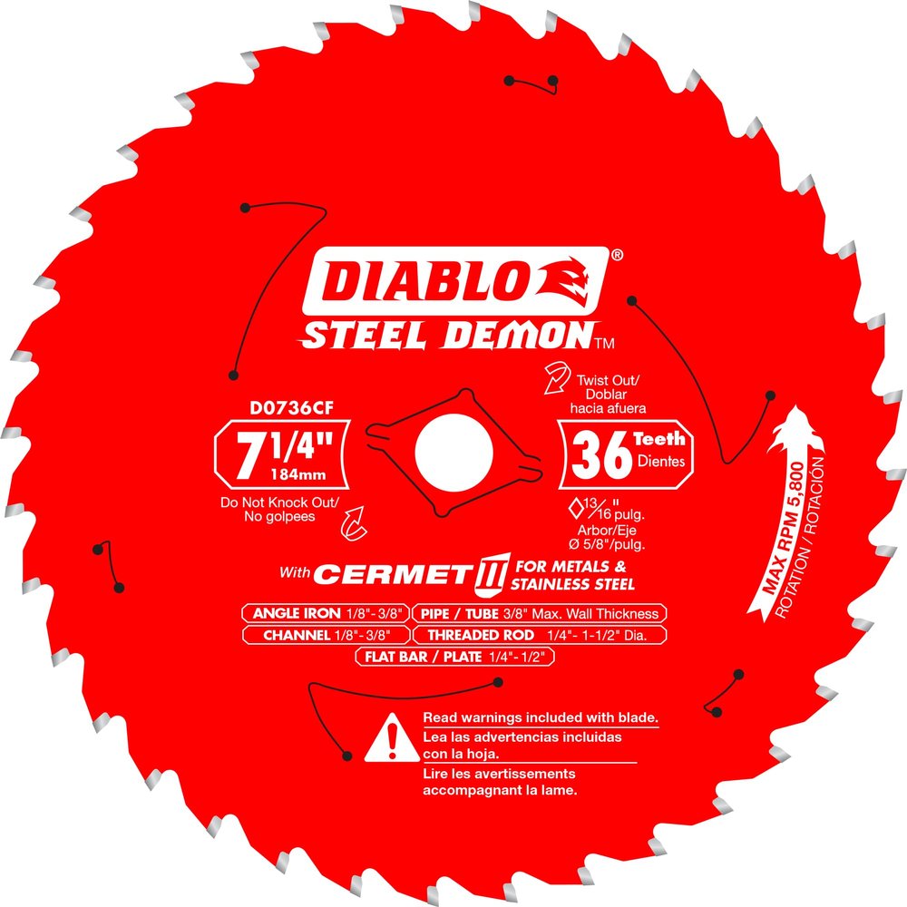 Diablo Steel Demon Cermet II Saw Blade for Thick Metal - 7-1/4" Diameter, 36 TCG Teeth, 5/8" Arbor, .075" Kerf, 0 Hook Angle, .063" Plate, 5800 Max RPM - D0736CF