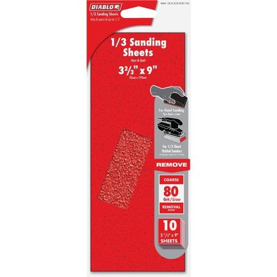Diablo Premium Sanding Sheets with Ceramic Blend for Paint & Stock Removal - Compatible with Orbital Sanders - 1/3 Sheet, 80-Grit Coarse Ceramic Blend - 10-Piece - DCS323060S10G